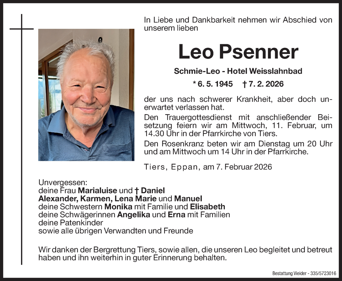  Traueranzeige für Leo Psenner vom 09.02.2026 aus Dolomiten