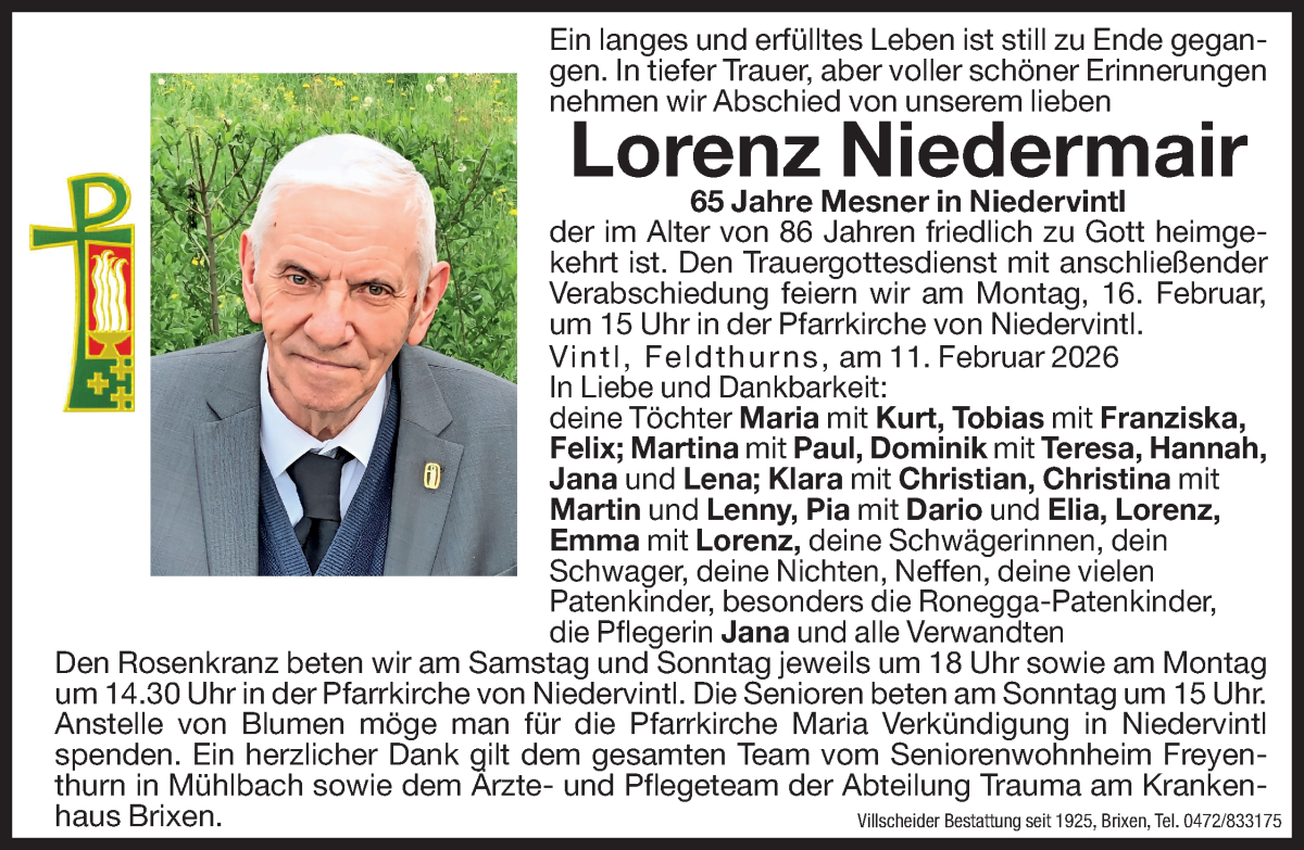  Traueranzeige für Lorenz Niedermair vom 13.02.2026 aus Dolomiten