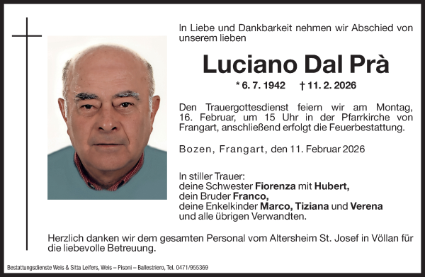 Traueranzeige von Luciano Dal Prà von Dolomiten