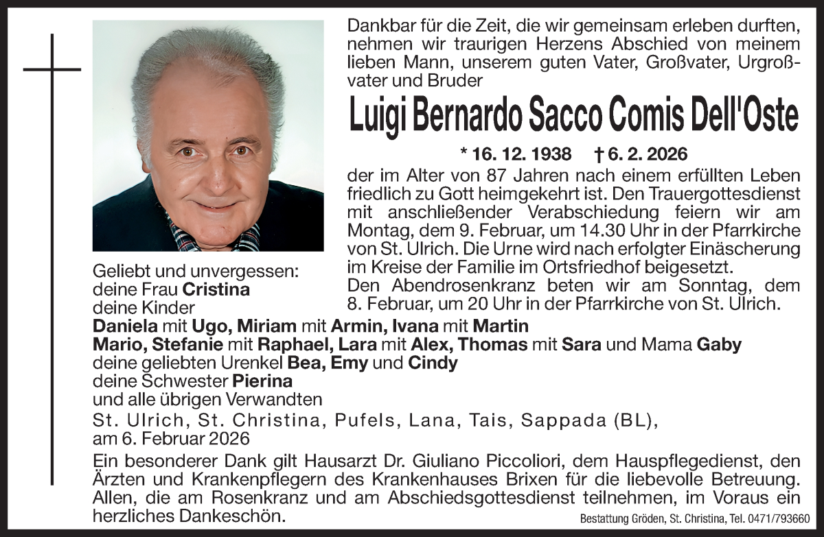  Traueranzeige für Luigi Bernardo Sacco Comis Dell'Oste vom 07.02.2026 aus Dolomiten