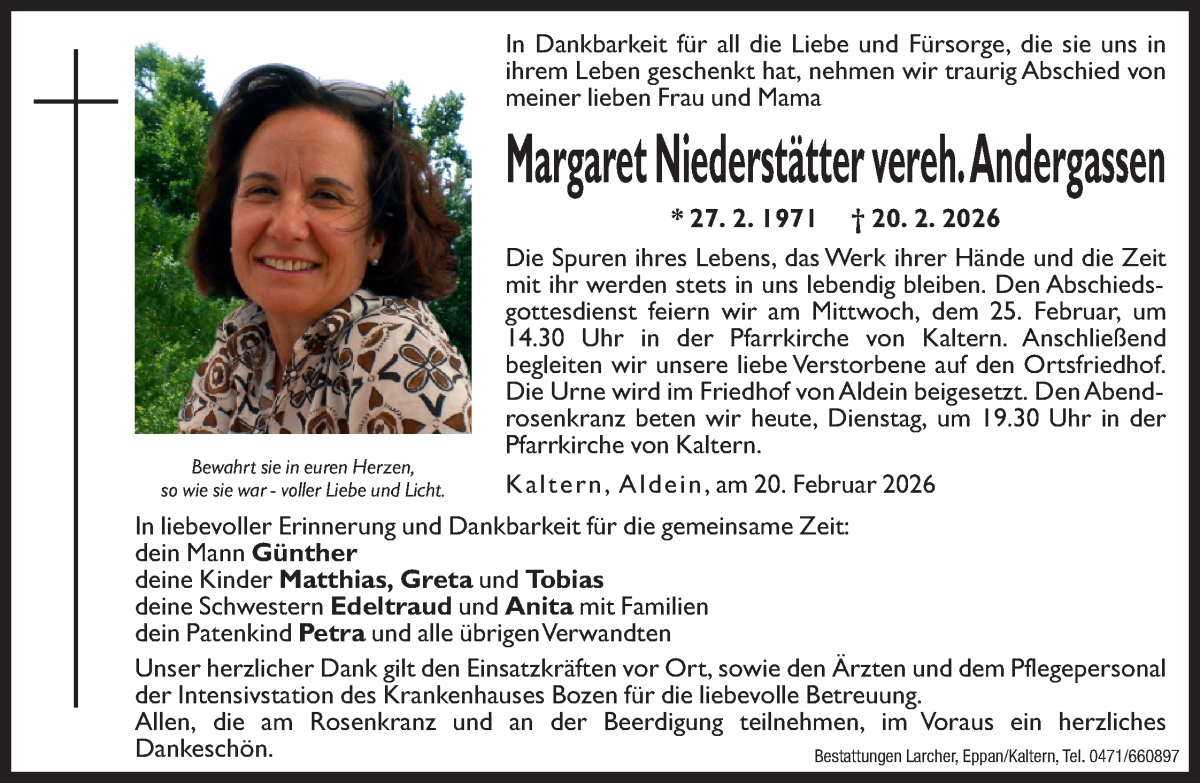  Traueranzeige für Margaret Andergassen vom 24.02.2026 aus Dolomiten
