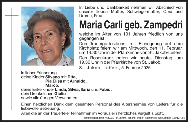 Traueranzeige von Maria Carli von Dolomiten