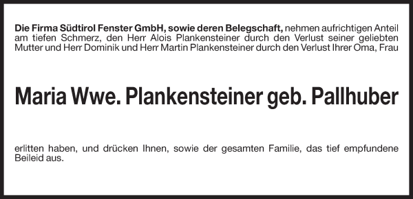 Traueranzeige von Maria Plankensteiner von Dolomiten