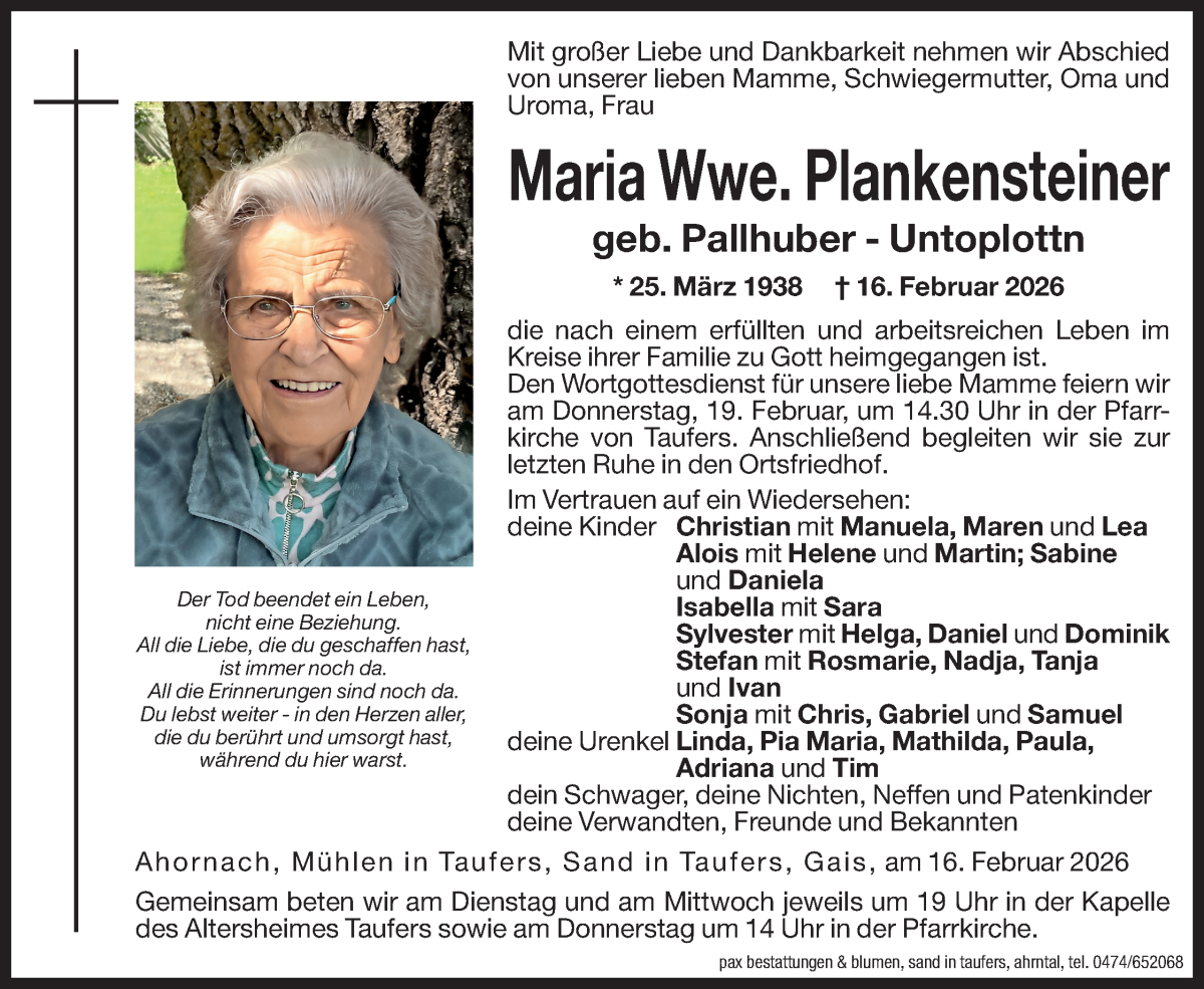  Traueranzeige für Maria Plankensteiner vom 18.02.2026 aus Dolomiten