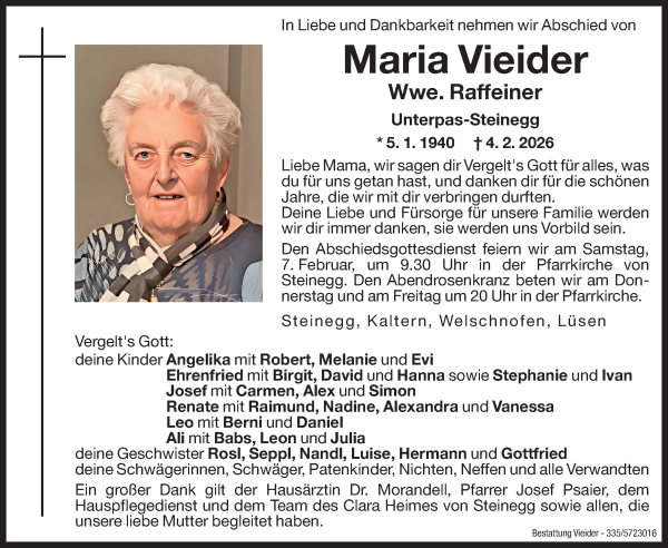 Traueranzeige von Maria Raffeiner von Dolomiten