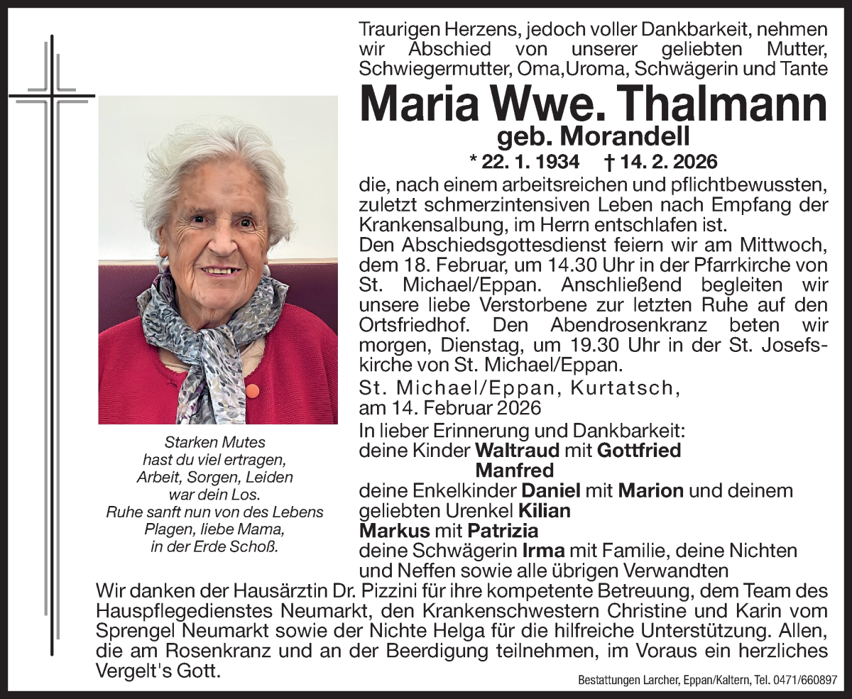  Traueranzeige für Maria Thalmann vom 16.02.2026 aus Dolomiten