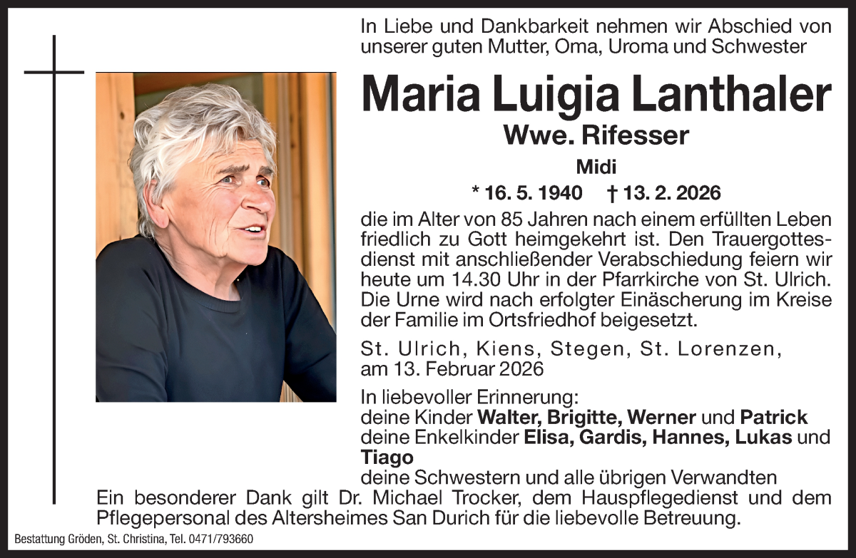  Traueranzeige für Maria Luigia Rifesser vom 16.02.2026 aus Dolomiten