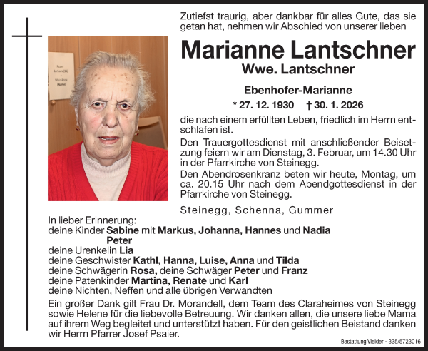 Traueranzeige von Marianne Lantschner von Dolomiten