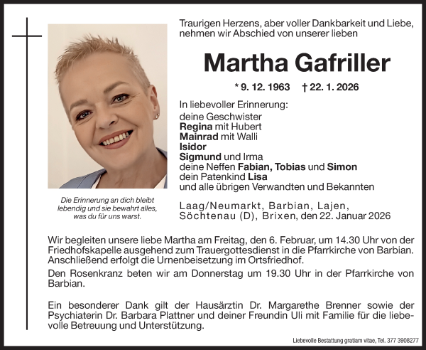 Traueranzeige von Martha Gafriller von Dolomiten