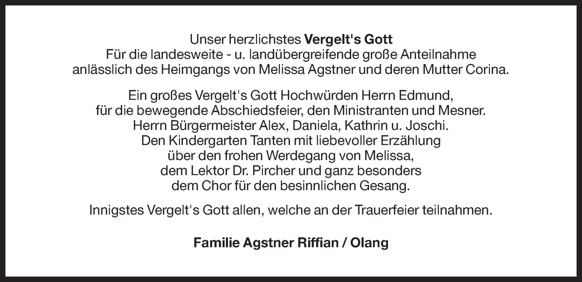  Traueranzeige für Melissa Agstner vom 06.02.2026 aus Dolomiten