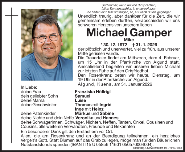 Traueranzeige von Michael Gamper von Dolomiten