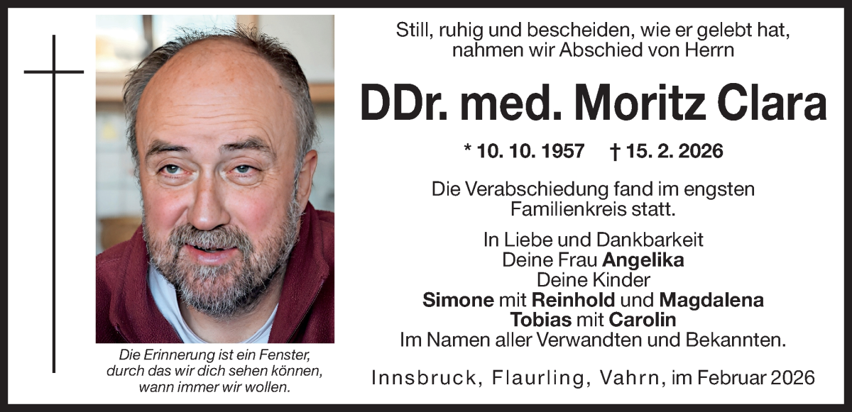  Traueranzeige für Moritz Clara vom 26.02.2026 aus Dolomiten