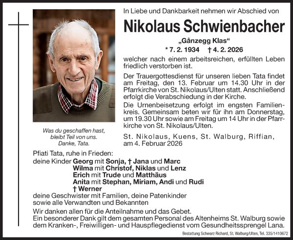 Traueranzeige von Nikolaus Schwienbacher von Dolomiten