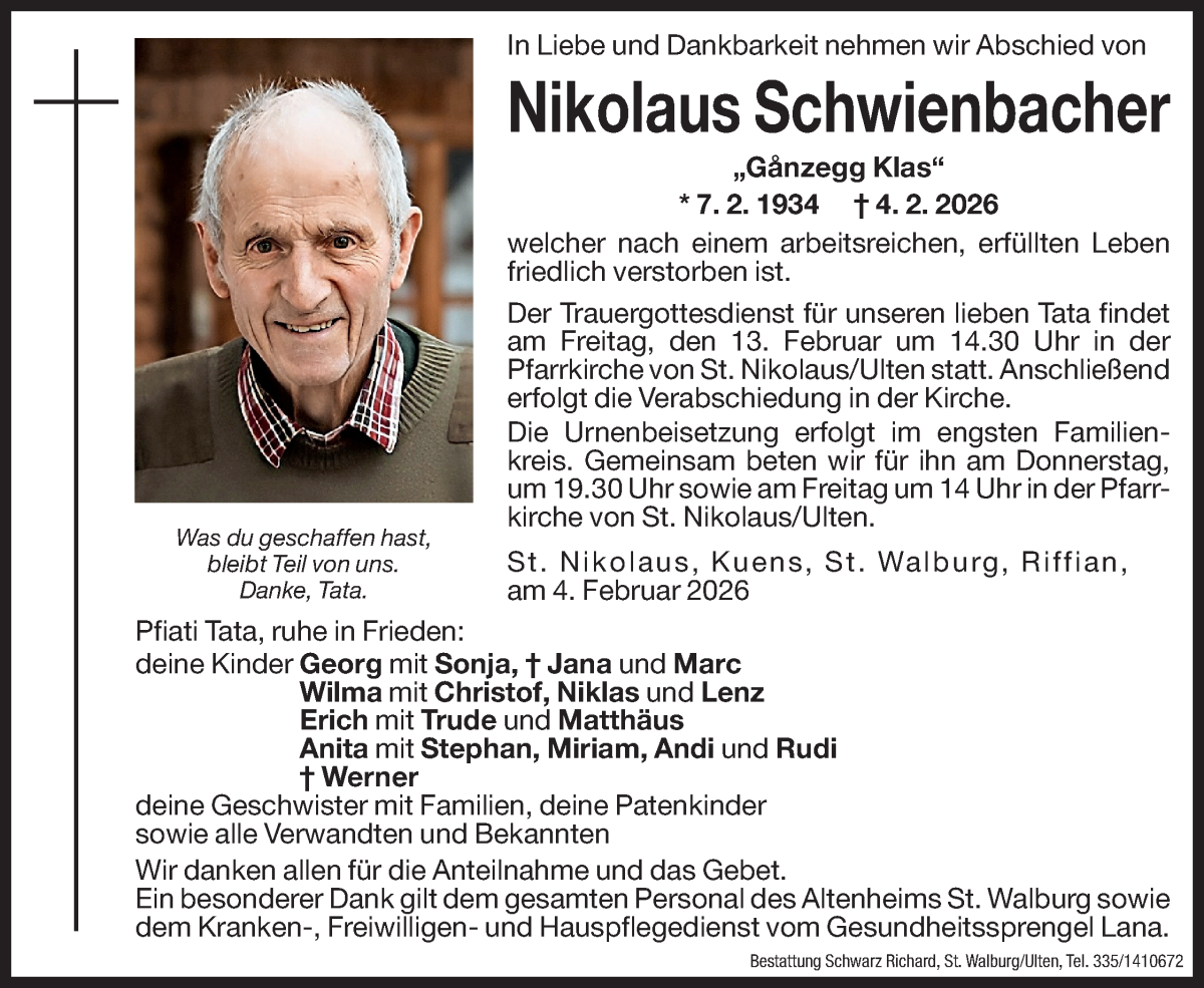  Traueranzeige für Nikolaus Schwienbacher vom 11.02.2026 aus Dolomiten