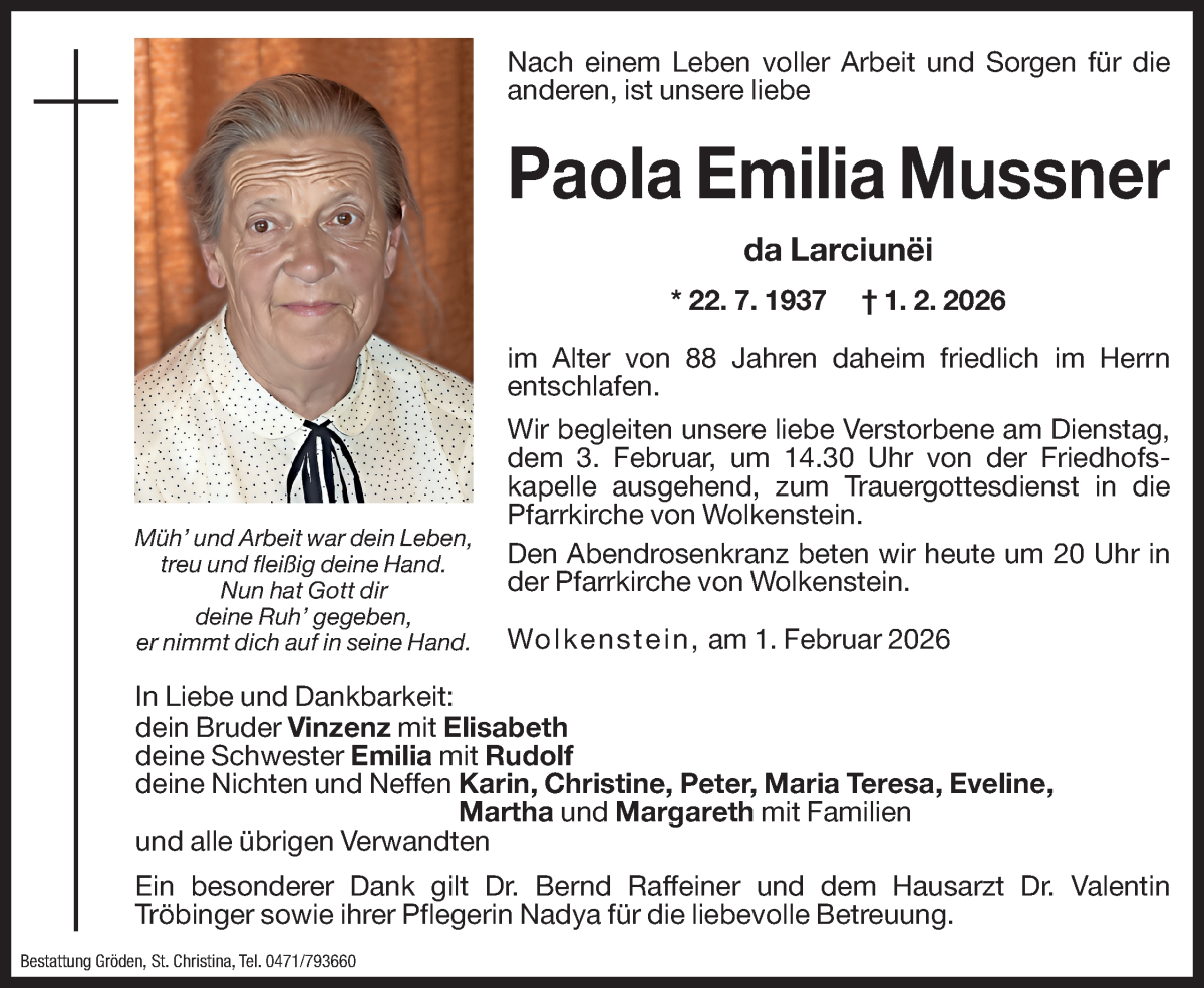  Traueranzeige für Paola Emilia Mussner vom 02.02.2026 aus Dolomiten