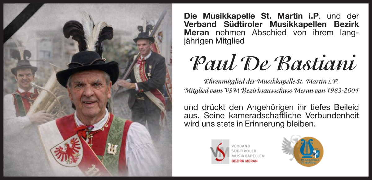  Traueranzeige für Paul De Bastiani vom 06.02.2026 aus Dolomiten