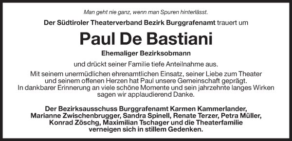 Traueranzeige von Paul De Bastiani von Dolomiten
