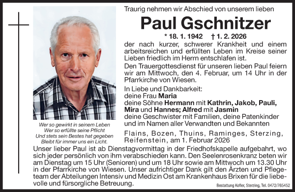 Traueranzeige von Paul Gschnitzer von Dolomiten
