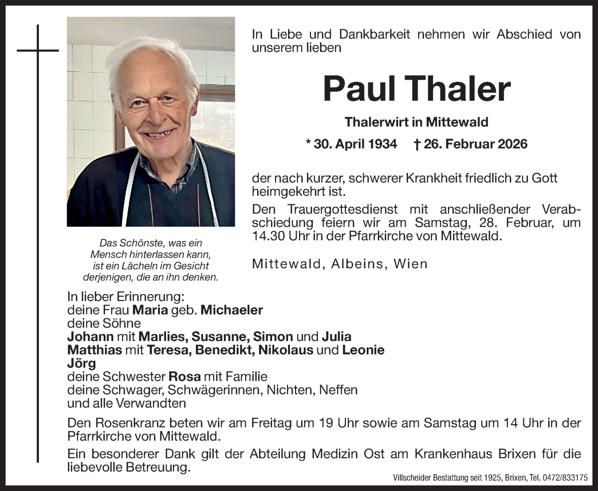  Traueranzeige für Paul Thaler vom 27.02.2026 aus Dolomiten