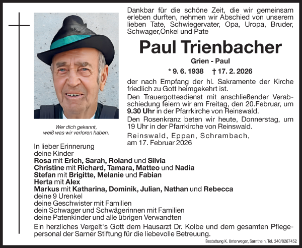 Traueranzeige von Paul Trienbacher von Dolomiten
