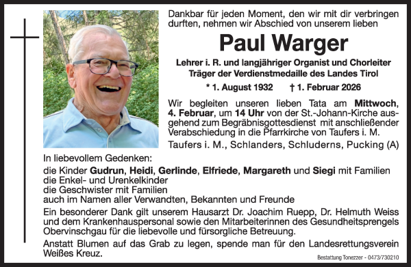 Traueranzeige von Paul Warger von Dolomiten