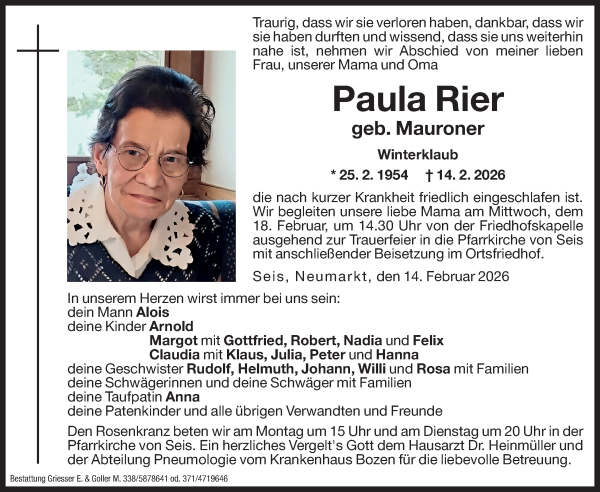 Traueranzeige von Paula Rier von Dolomiten