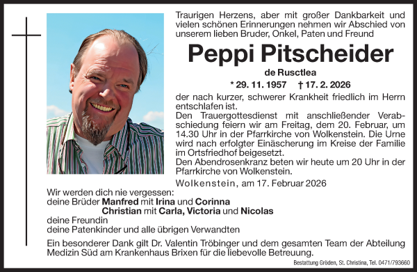 Traueranzeige von Peppi Pitscheider von Dolomiten