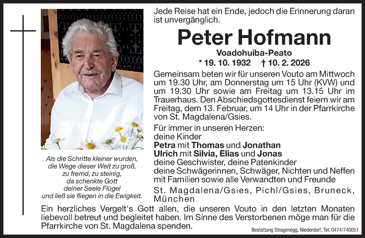 Traueranzeige für Peter Hofmann vom 11.02.2026 aus Dolomiten