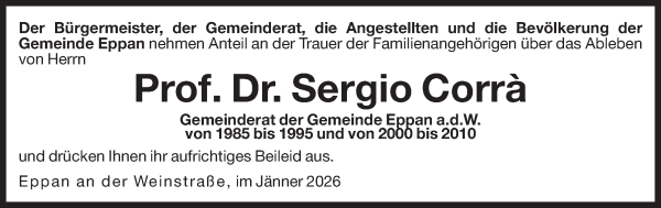 Traueranzeige von Prof. Dr. Sergio Corrà von Dolomiten