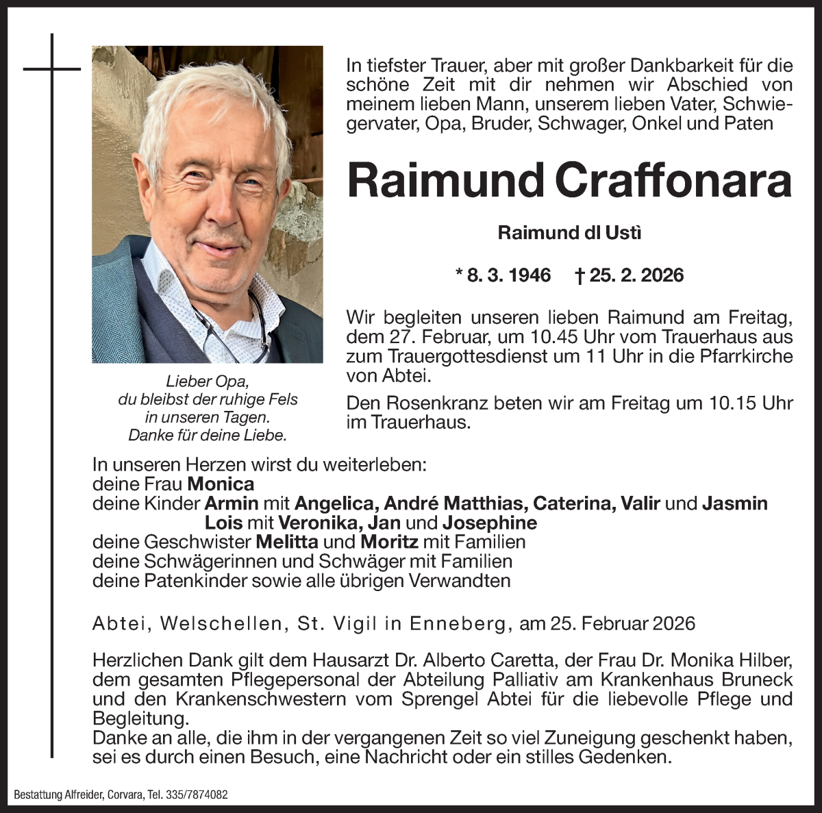  Traueranzeige für Raimund Craffonara vom 27.02.2026 aus Dolomiten