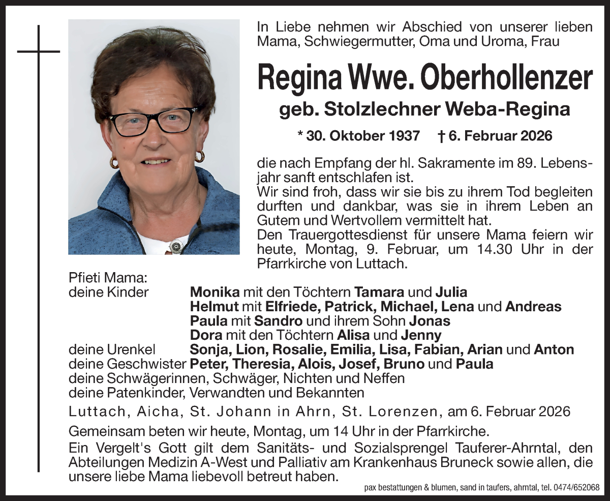 Traueranzeige für Regina Oberhollenzer vom 09.02.2026 aus Dolomiten