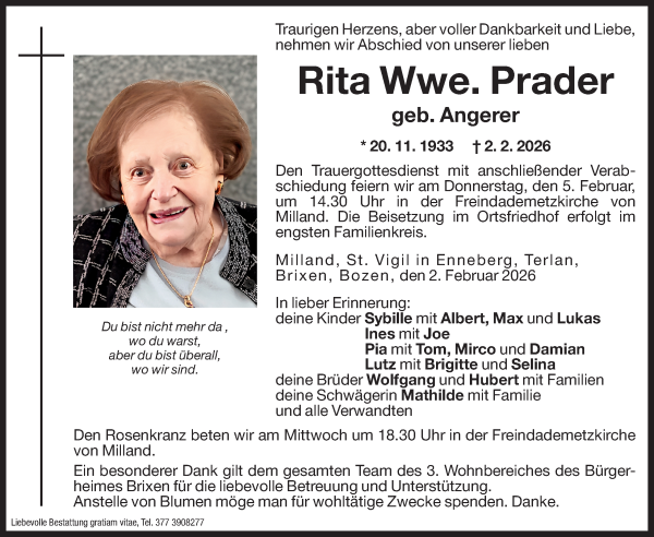 Traueranzeige von Rita Prader von Dolomiten