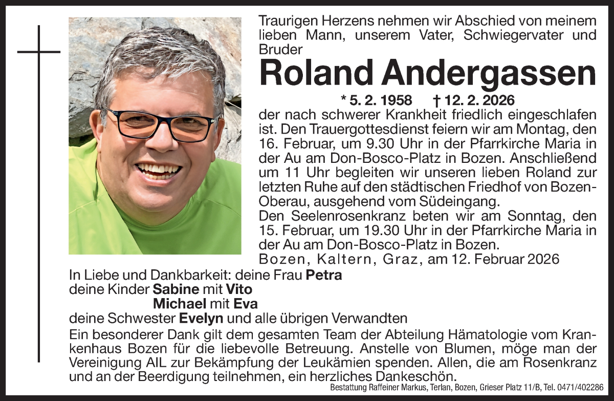  Traueranzeige für Roland Andergassen vom 14.02.2026 aus Dolomiten
