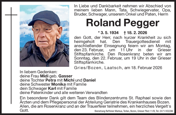 Traueranzeige von Roland Pegger von Dolomiten
