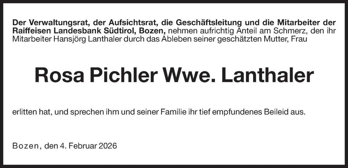  Traueranzeige für Rosa Lanthaler vom 06.02.2026 aus Dolomiten