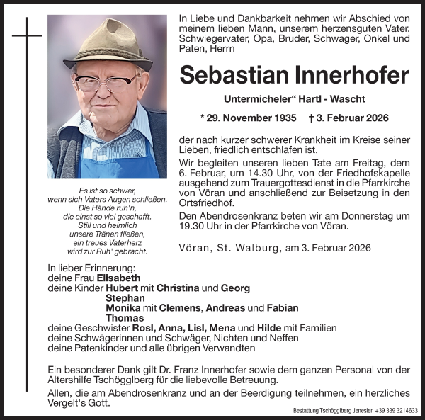 Traueranzeige von Sebastian Innerhofer von Dolomiten