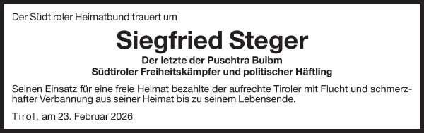 Traueranzeige von Siegfried Steger von Dolomiten