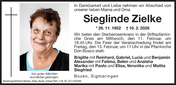 Traueranzeige von Sieglinde Zielke von Dolomiten
