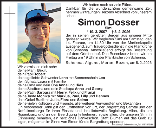 Traueranzeige von Simon Dosser von Dolomiten