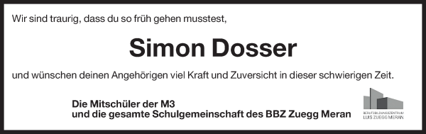 Traueranzeige von Simon Dosser von Dolomiten