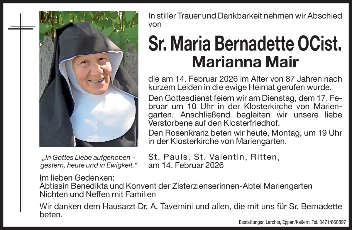  Traueranzeige für Sr. Maria Bernadette OCist.  Marianna Mair vom 16.02.2026 aus Dolomiten