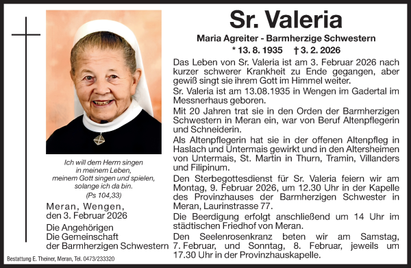 Traueranzeige von Sr. Valeria Maria Agreiter von Dolomiten