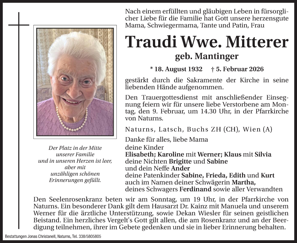  Traueranzeige für Traudi Mitterer vom 07.02.2026 aus Dolomiten
