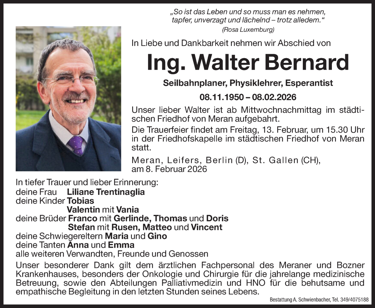  Traueranzeige für Walter Bernard vom 11.02.2026 aus Dolomiten