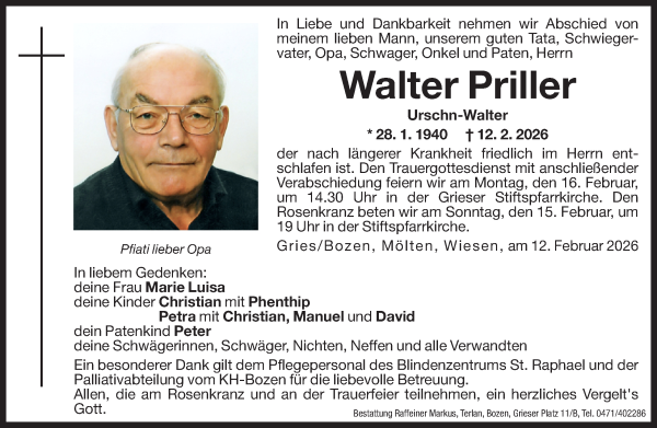Traueranzeige von Walter Priller von Dolomiten