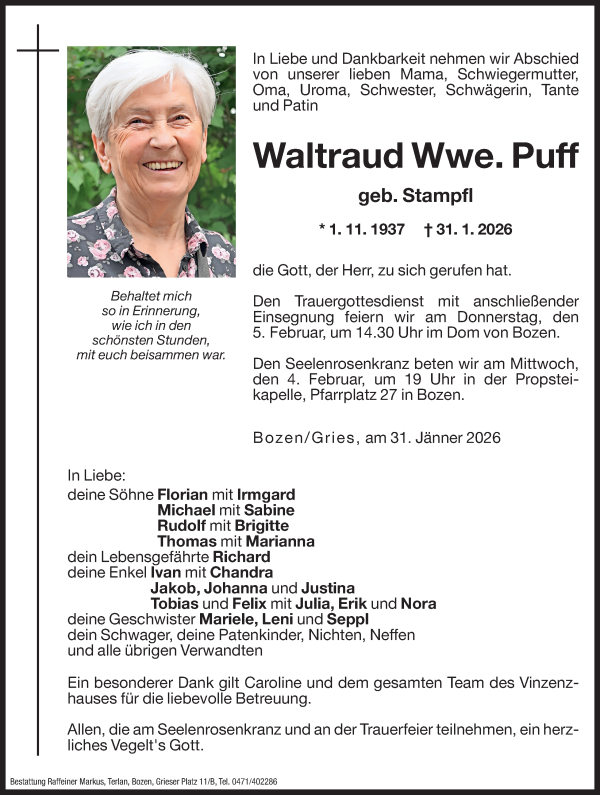 Traueranzeige von Waltraud Puff von Dolomiten