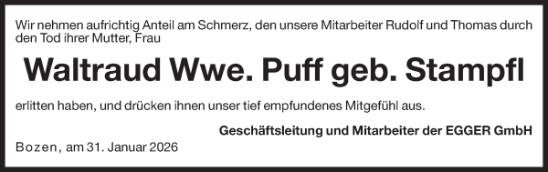 Traueranzeige von Waltraud Puff von Dolomiten