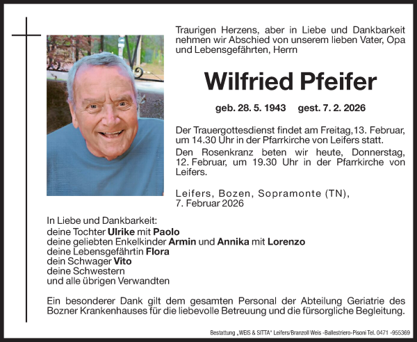 Traueranzeige von Wilfried Pfeifer von Dolomiten