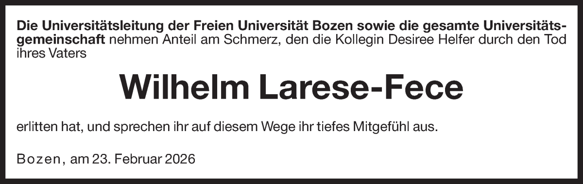  Traueranzeige für Wilhelm Larese-Fece vom 25.02.2026 aus Dolomiten