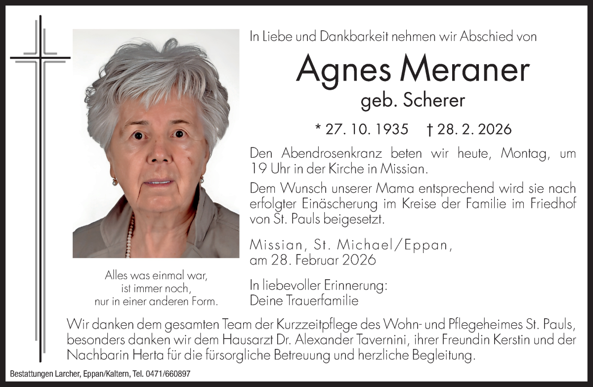  Traueranzeige für Agnes Meraner vom 02.03.2026 aus Dolomiten